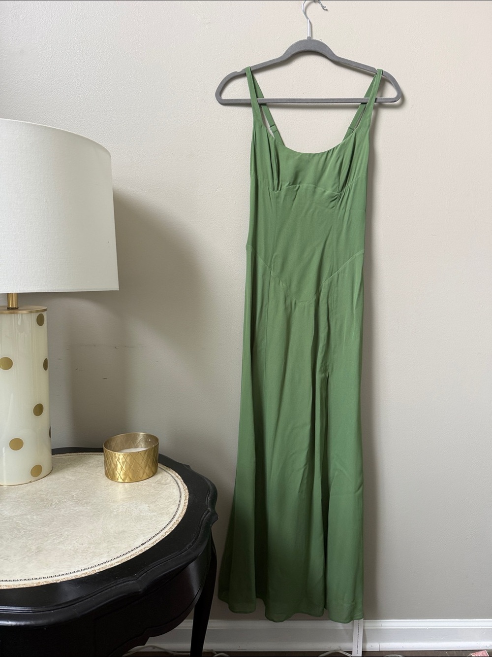 Reformation Olive Green Slip dress with high slit